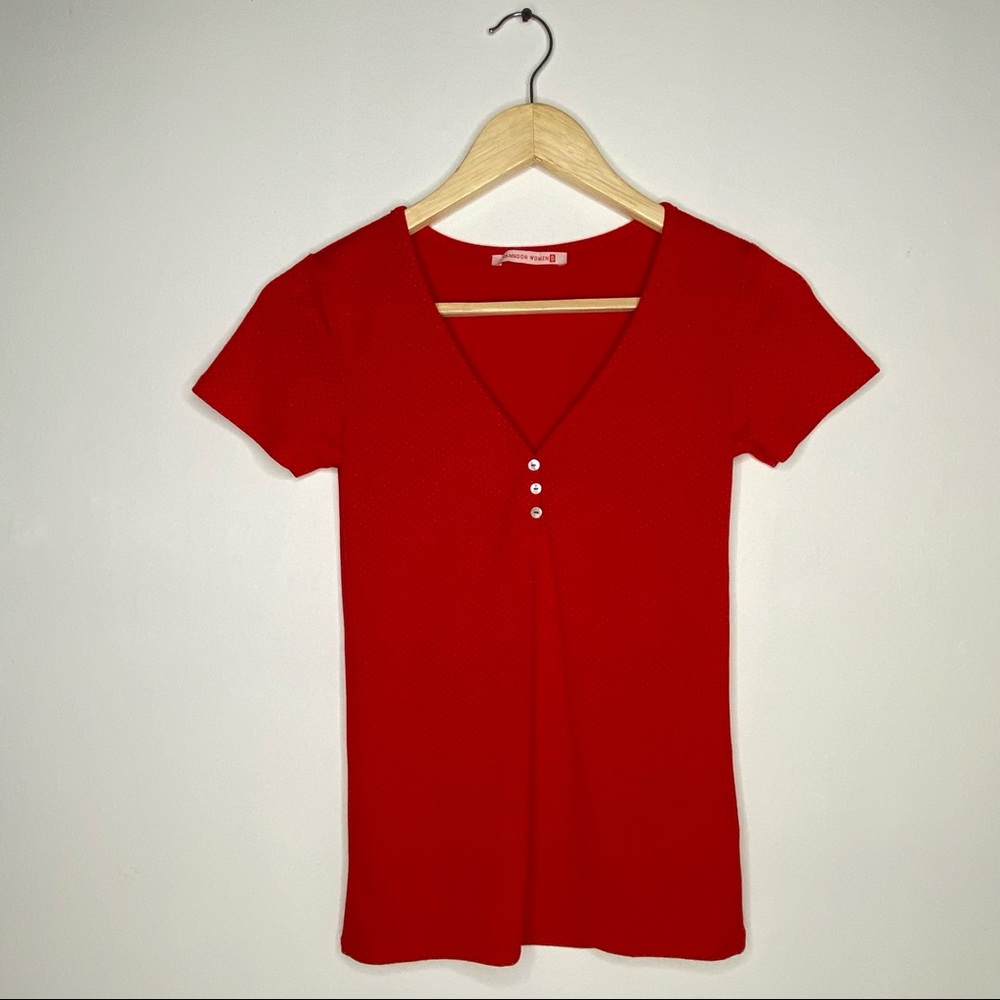 Tamnoon Women Red Polka Dot Short Sleeve Top Size S